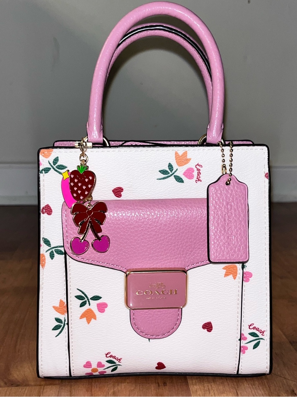NWOT Coach Pink and White Floral Mini Satchel with Charm